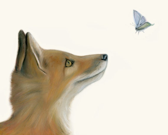 Fox and butterfly. Great fox art print - Christmas gift, hangs great in baby's nursery or children's room also. Sweet and happy woodland art