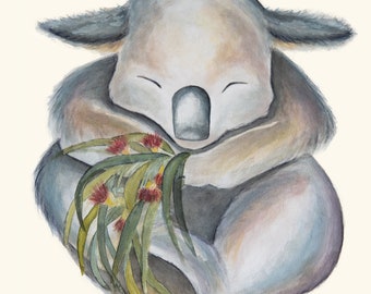May include: A watercolor painting of a koala bear sleeping with its arms wrapped around a bunch of eucalyptus leaves with red flowers.