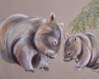 Wombat family. Fine art print. Beautiful, sweet gift of Australian animal art by Rachael Curry. Nursery, kids room