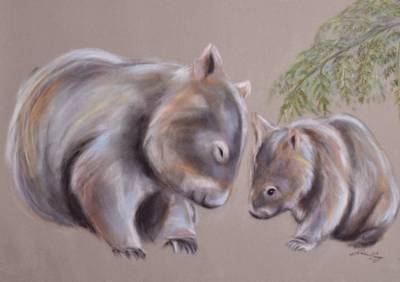 Wombat family. Fine art print. Beautiful, sweet gift of Australian animal art by Rachael Curry. Nursery, kids room