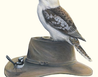 Kookaburra on Australian Hat with Blue Wren Rachael Curry Art