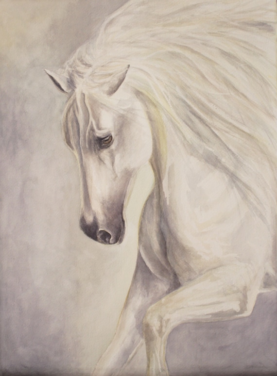 Fine art print - Watercolour Grey White Horse Painting. Horse art print.Horse art print. Horse art. Grey horse. White horse. Horse runninng.