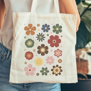 Vintage Floral Tote Bagged, Retro Flower Design, Colorful Floral Tote, Boho Style Bag, Artistic Flower Print, Trendy Tote Bag for women