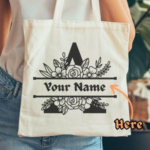 Personalized Floral Initials Tote Bag, Custom Name Tote Bag, Gift for Her, Monogrammed Tote Bag, Reusable Grocery Bag, Floral Alphabet Bag