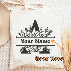 Customized Name Tote Bag, Personalized Name Tote Bag, Gift for Her Bag, Custom Canvas Tote Bag, Reusable Grocery Bag, Floral Alphabet Bag