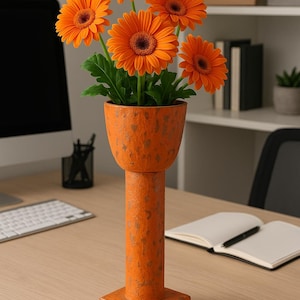 Tall Orange Decorative Planter| Handmade | Burnt Orange | Handpainted| Plant Tower | Recycled Materials