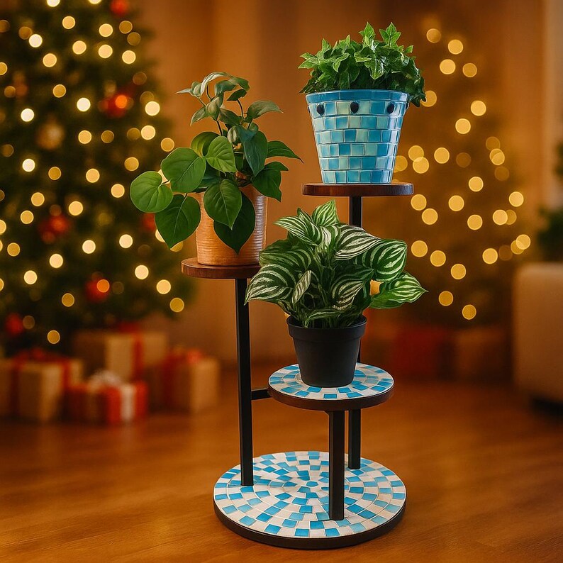 Three Tier Plant Stand: Mother of Pearl Mosaic, Indoor Garden Decor image 9
