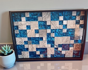 Turquoise Mosaic Resin Tray with Handles, Glossy Wood Coffee Table Tray, Upcycled Serving or Ottoman Decor Piece