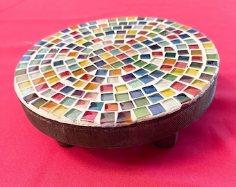 Handmade Mosaic Plant Stand: Colorful Tile Plant Riser, 6” - Rainbow Plant Stand Collection