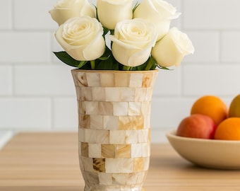 Mother of Pearl Mosaic Vase: Handmade Hurricane Lamp Style