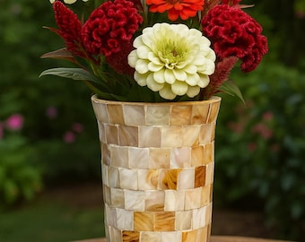 Mother of Pearl Mosaic Vase: Handmade Hurricane Lamp Style