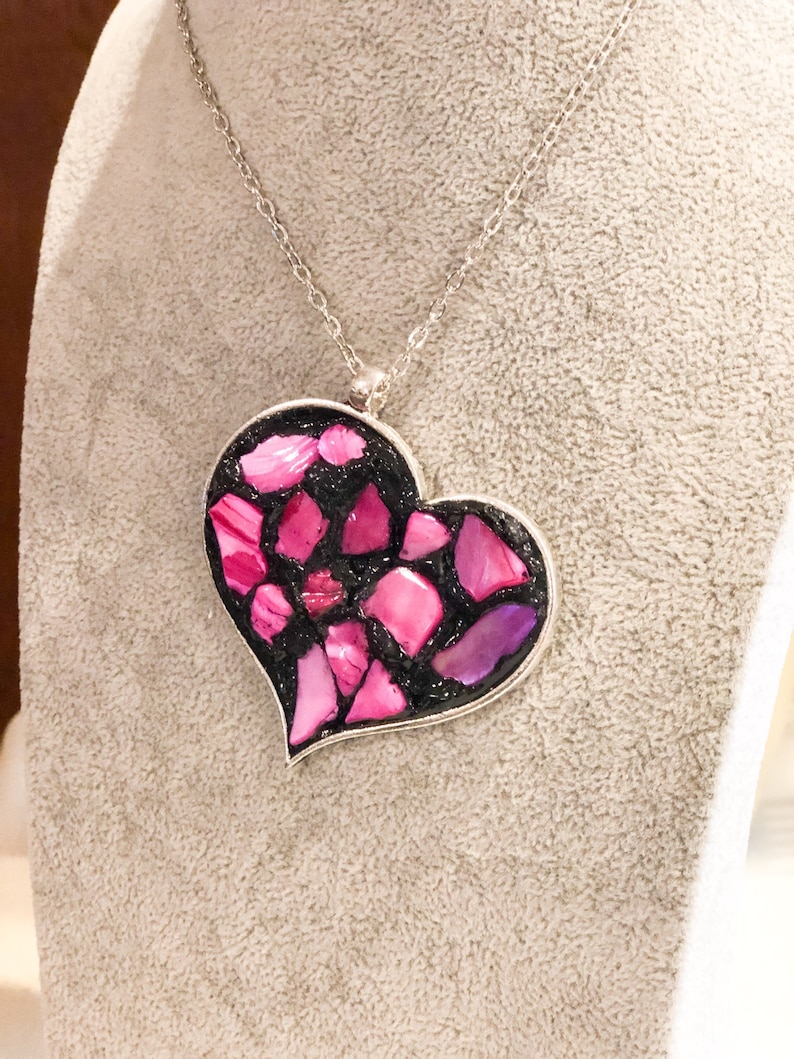 Mosaic Pendant Pink Pendant Necklace Heart Pendant Necklace Valentine\u2019s Day Heart Necklace