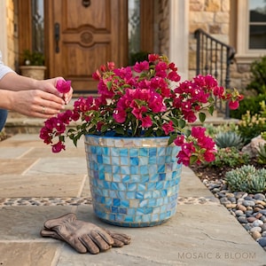 Könnte beinhalten: Ein zylindrischer Pflanzkübel mit blau-weißem Mosaikmuster, der eine leuchtend pinke Bougainvillea enthält. Ein Paar beigefarbene Leder-Gartenhandschuhe liegt auf der Steinoberfläche direkt neben dem Pflanzkübel.