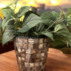 May include: A potted plant with green leaves in a decorative pot made of brown and beige mosaic tiles.