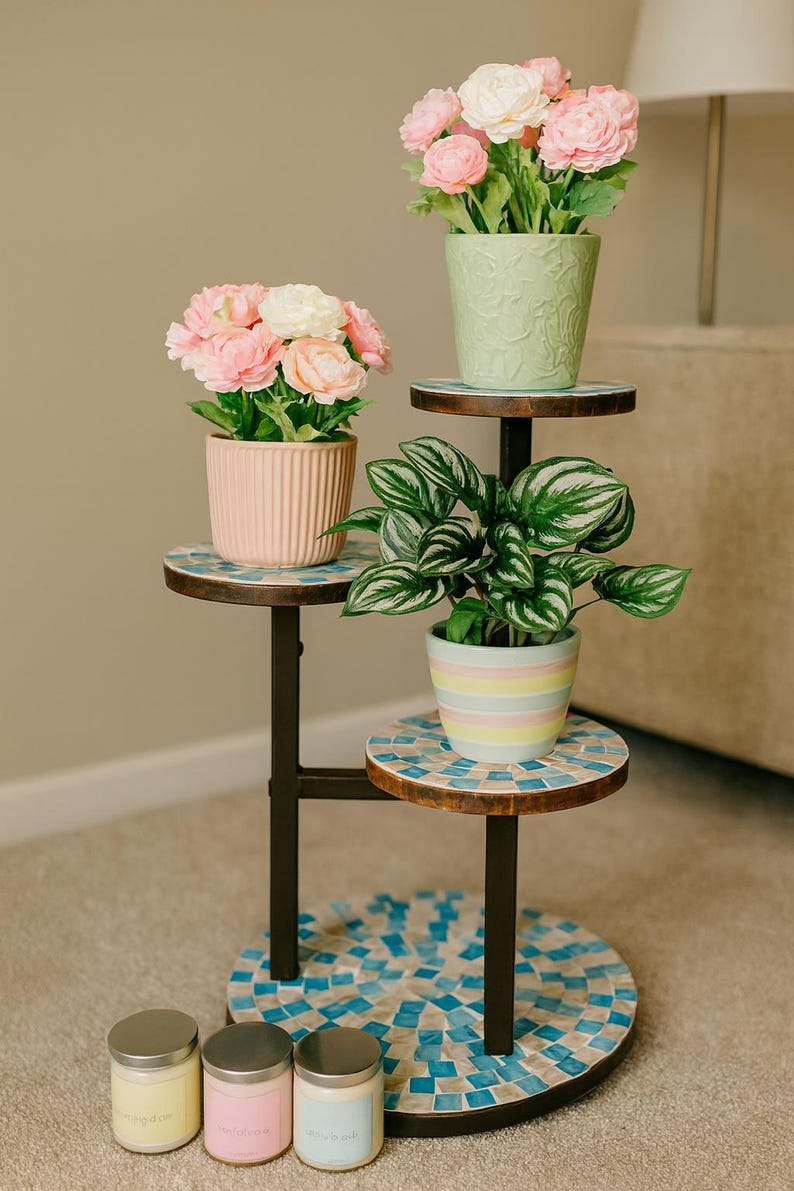 Three Tier Plant Stand: Mother of Pearl Mosaic, Indoor Garden Decor image 7