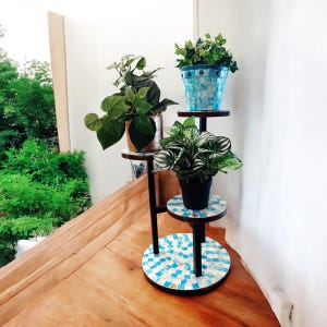 May include: A four-tier plant stand with blue mosaic tile shelves. The stand is made of black metal and has a circular base. Three potted plants are displayed on the stand, including a green plant with large leaves, a green plant with small leaves, and a green plant with variegated leaves.