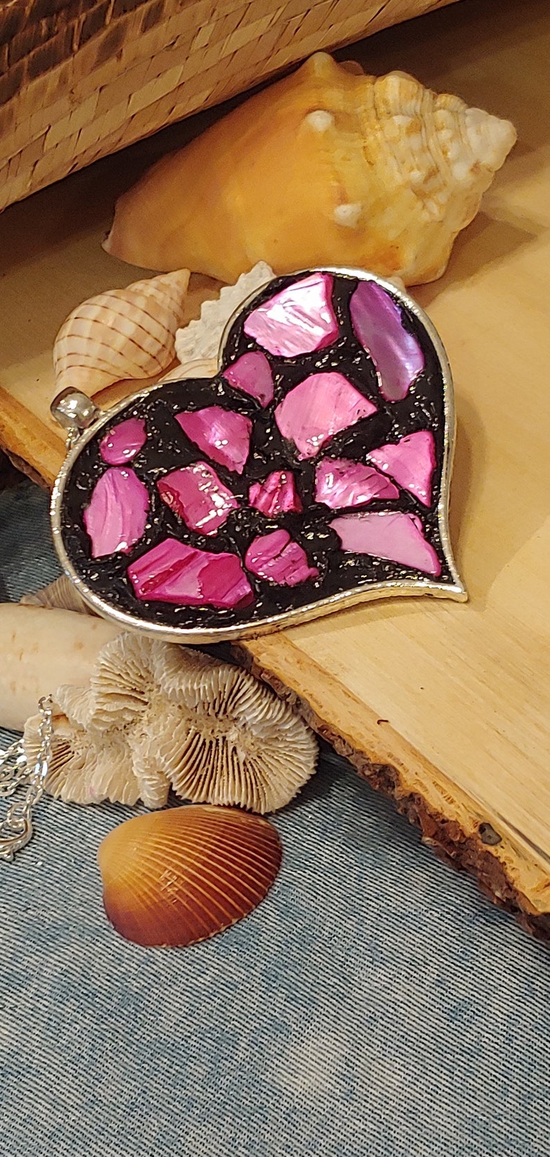 Mosaic Pendant Pink Pendant Necklace Heart Pendant Necklace Valentine\u2019s Day Heart Necklace