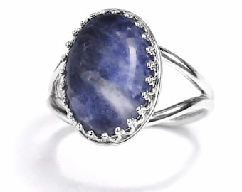 Sterling Silber Blauer Sodalith Oval Statement Ring - Edelsteinschmuck im Vintage-Stil
