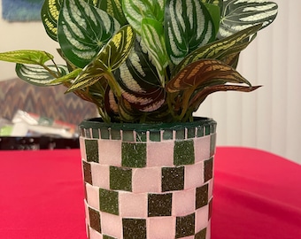 Green and White Planter / Free Shipping