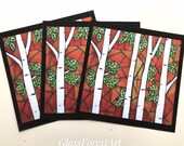 Birch tree art print, stained glass mosaic, orange sunset sky, birch forest