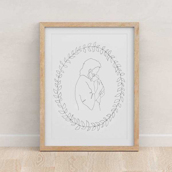 Jesus Christ Holding Baby Miscarriage Grief Line Art Print