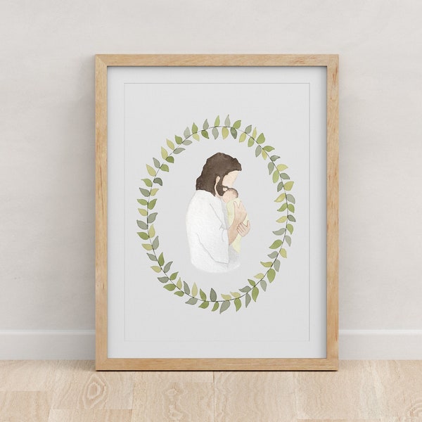 Jesus Christ Holding Gender Neutral Baby Miscarriage Baby Loss Watercolor Print