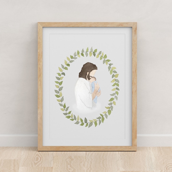 Jesus Christ Holding Baby Boy Miscarriage Grief Watercolor Print