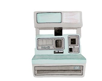 Blue Retro Vintage Polaroid Camera Watercolor Print