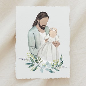 Cristo sosteniendo a un bebé niño o niña bendiciéndolo o bautizándolo