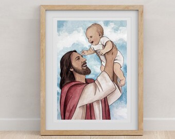 For Such is the Kingdom of Heaven Jesus Holding Baby Up Watercolor Print