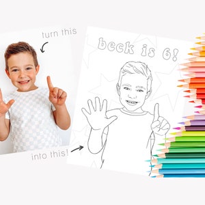 K&ouml;nnte beinhalten: Eine Schwarzwei&szlig;-Malvorlage mit einem Jungen, der ein breites L&auml;cheln zeigt und sechs Finger hochh&auml;lt. Der Text "beck is 6!" ist in einer lustigen, stilisierten Schrift geschrieben. Die Seite ist von Sternen umgeben.