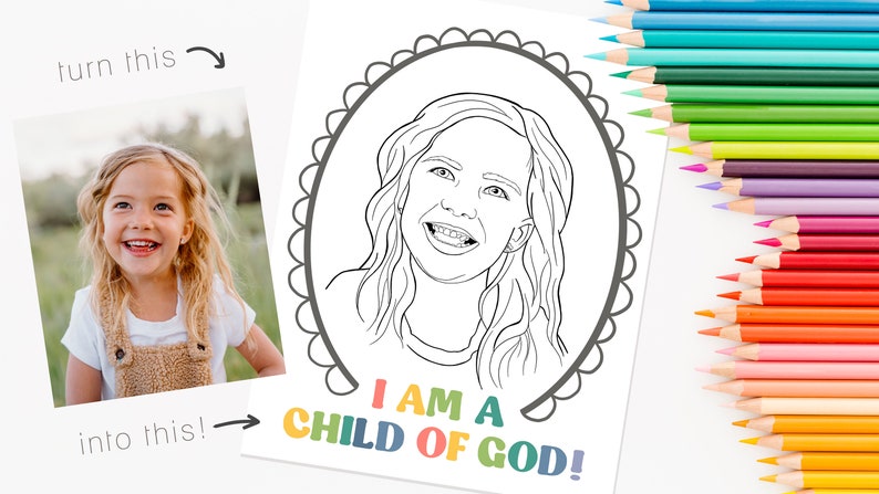 K&ouml;nnte beinhalten: Eine Schwarzwei&szlig;-Zeichnung eines M&auml;dchens mit langen Haaren in einem ovalen Rahmen. Der Text "I AM A CHILD OF GOD!" steht unter dem Rahmen in Regenbogenfarben.