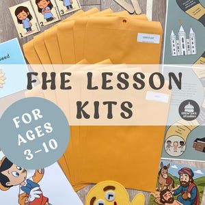 May include: An assortment of educational kits for ages 3-10, featuring illustrated cards, puppets, and envelopes labeled "Gratitude" and "Faith." The kits include images of children, Bible stories, and the text "FHE Lesson Kits."