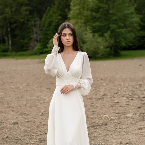 Ivory lace wedding dress, long-sleeve button back long train gown, open back, lace & chiffon. LUCY