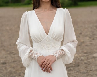 Ivory lace wedding dress, long-sleeve button back long train gown, open back, lace & chiffon