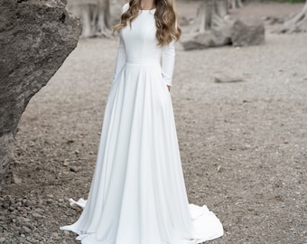 A-linewedding dress. Ivory wedding dress. Long-sleeve button back long train gown. Dress with pockets. LOUISE