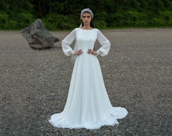 Ivory wedding dress. Long-sleeve button back long train gown. Simple, minimalistic, lace, classic wedding gowns. ELIZA