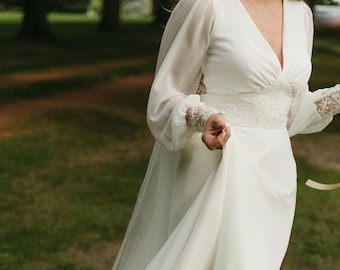 Classic wedding dress, simple wedding dress, long sleeve wedding, train wedding dress, open back dress, lace wedding dress LUCY