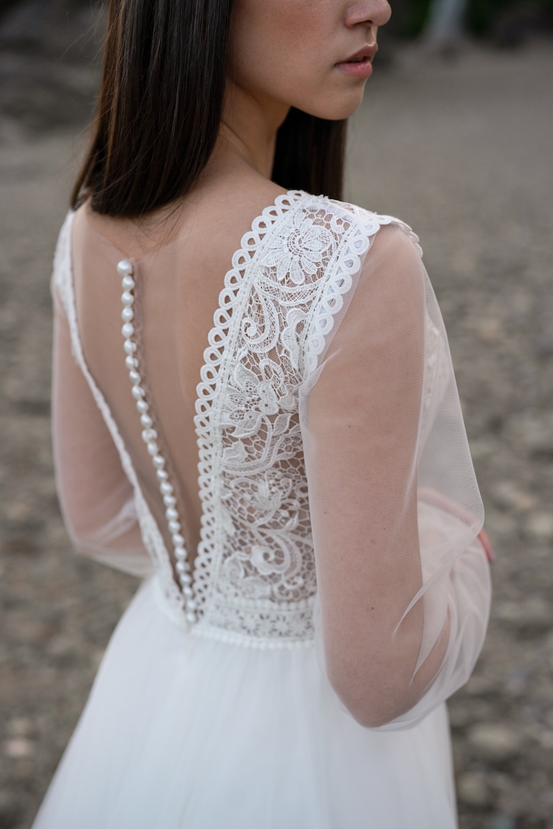 Ivory Lace Wedding Dress Long-sleeve Button Back Long Train | Etsy