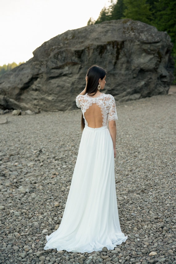 Romantic lase wedding dress. Ivory wedding dress. Lase & Chiffon. Open back dress. Train wedding dress.  KATIE