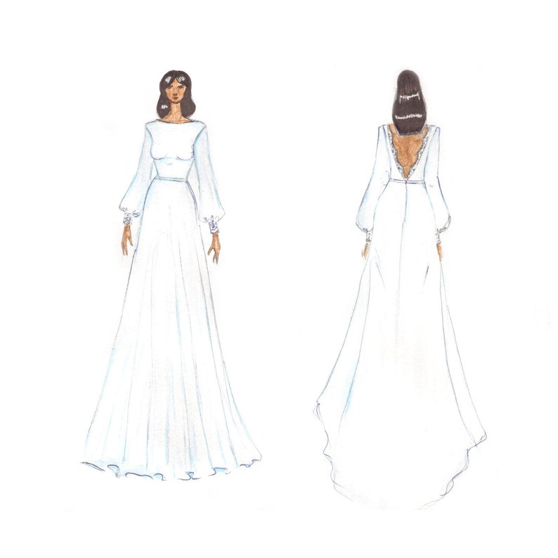 May include: A hand-drawn illustration of a wedding dress with long sleeves and a low back. The dress is white and has a flowing skirt.