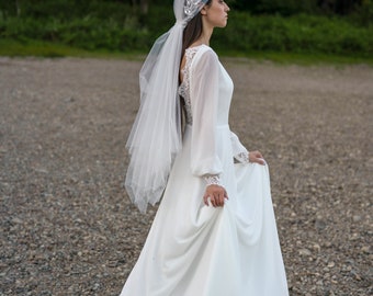 Ivory wedding dress. Long-sleeve button back long train gown. Simple, minimalistic, lace, classic wedding gowns. ELIZA