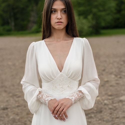 Ivory lace wedding dress, long-sleeve button back long train gown, open back, lace & chiffon