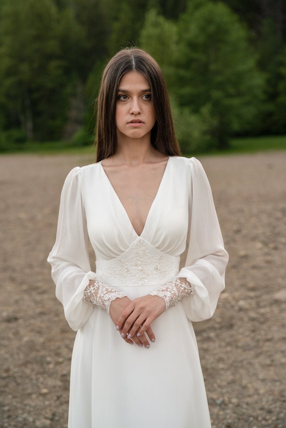 Ivory lace wedding dress, long-sleeve button back long train gown, open back, lace & chiffon