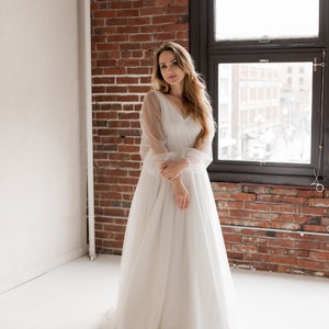 Boho wedding dress, long-sleeve button back long train gown, open back AMARA