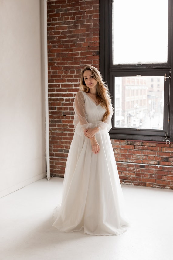 Boho wedding dress, long-sleeve button back long train gown, open back AMARA