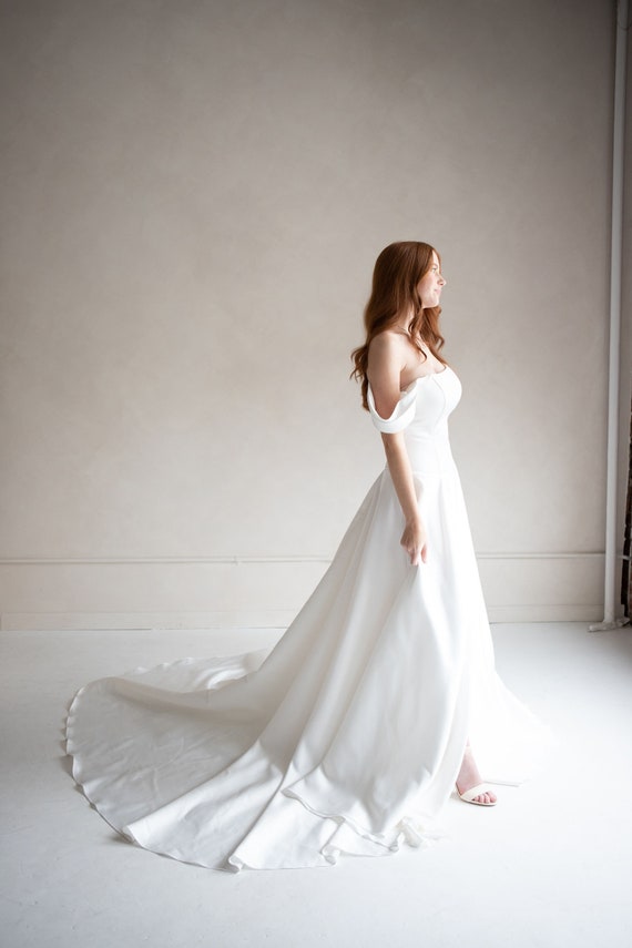 Ivory lace wedding dress, romantic long train gown, open back, lace & chiffon ARIEL