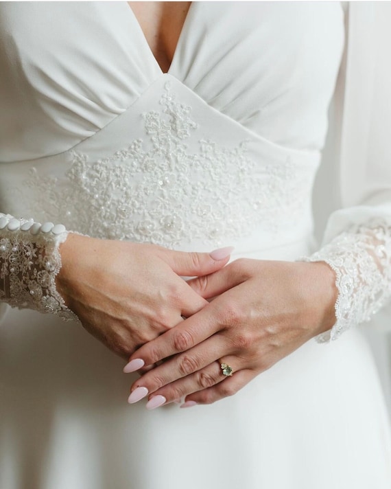 Romantic Ivory lace wedding dress, long-sleeve button back long train gown, open back, classic simple boho bridal dress, embroidered gown