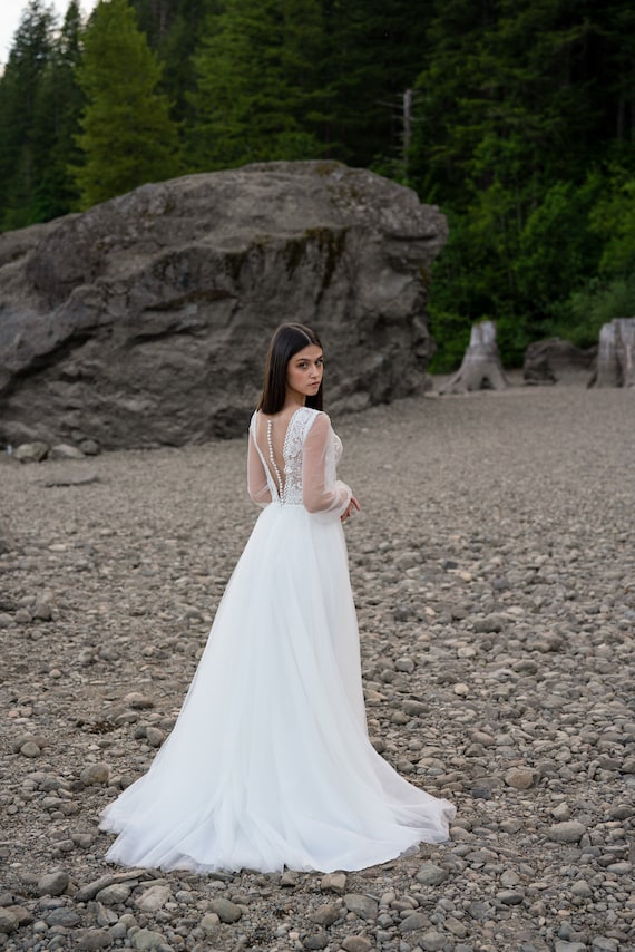 Ivory lace wedding dress, long-sleeve button back long train gown, open back, lace & chiffon. AURORA