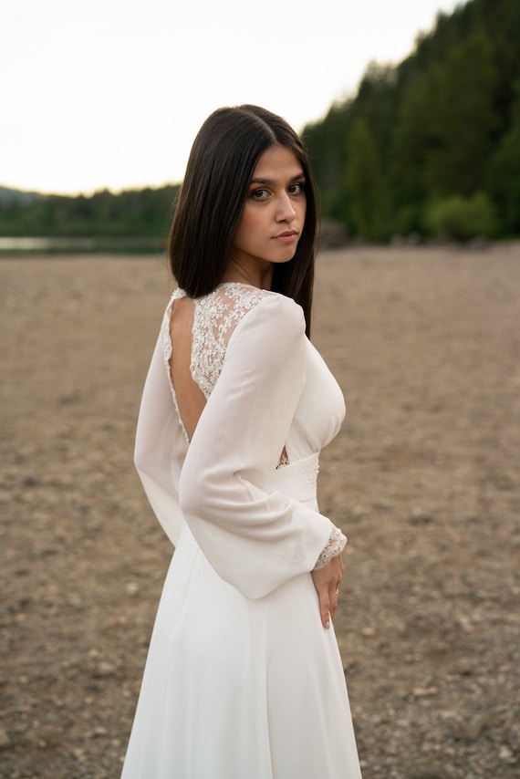 Ivory wedding dress, long-sleeve button back long train gown, open back, lace wedding dress